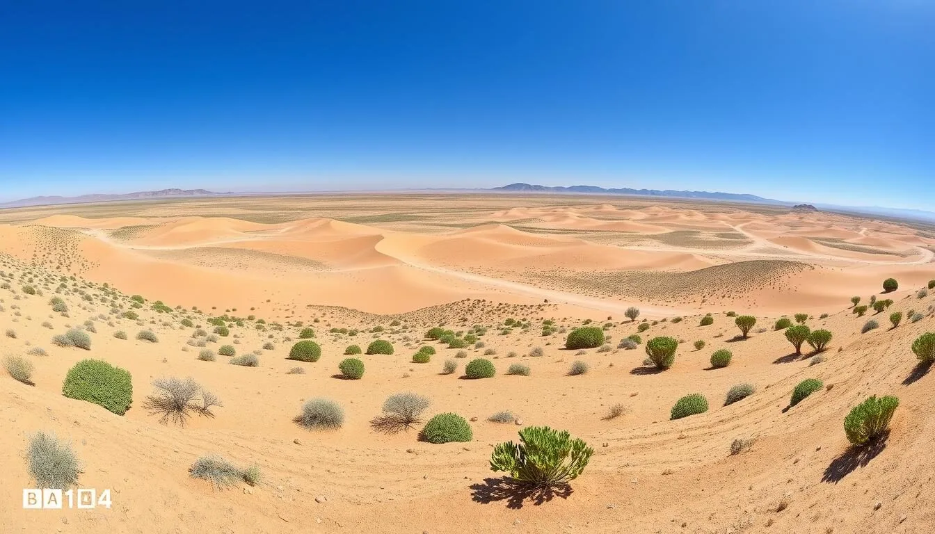 Panoramic view of Dghoumes National Park's arid landscape with mountains in the background