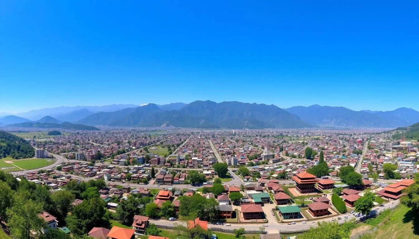 Panoramic view of Dharan city with mountains in the background