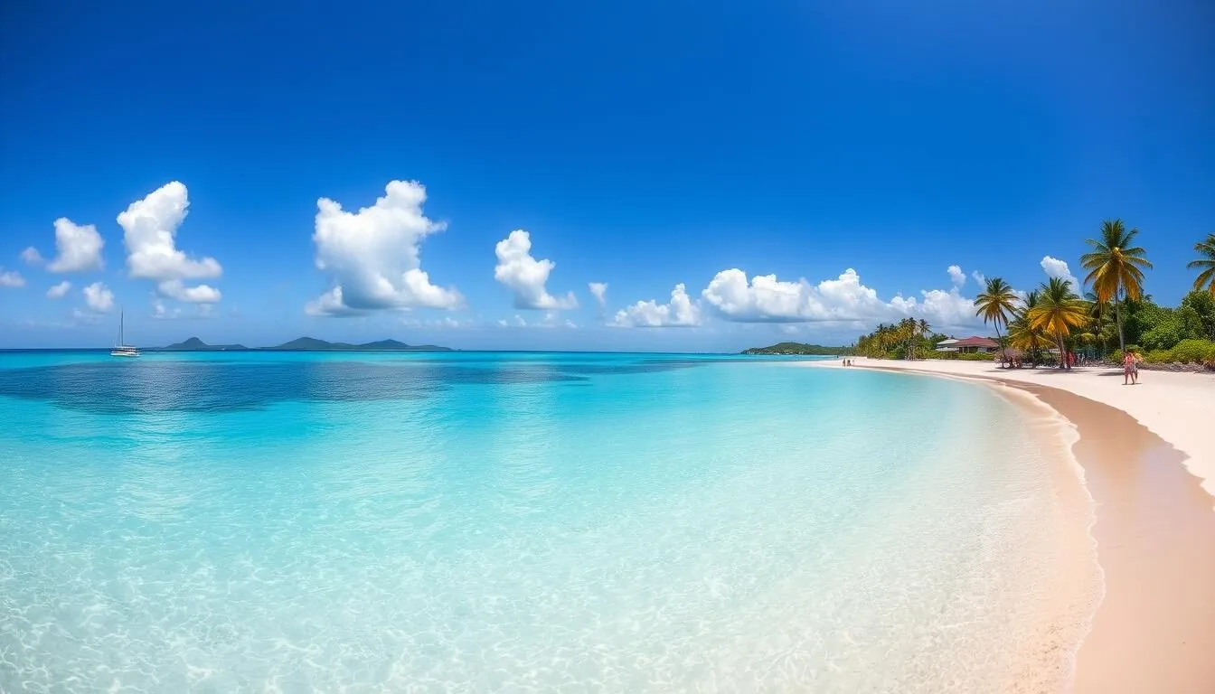 Panoramic view of Dickenson Bay beach in Antigua during perfect weather with few tourists and calm turquoise waters