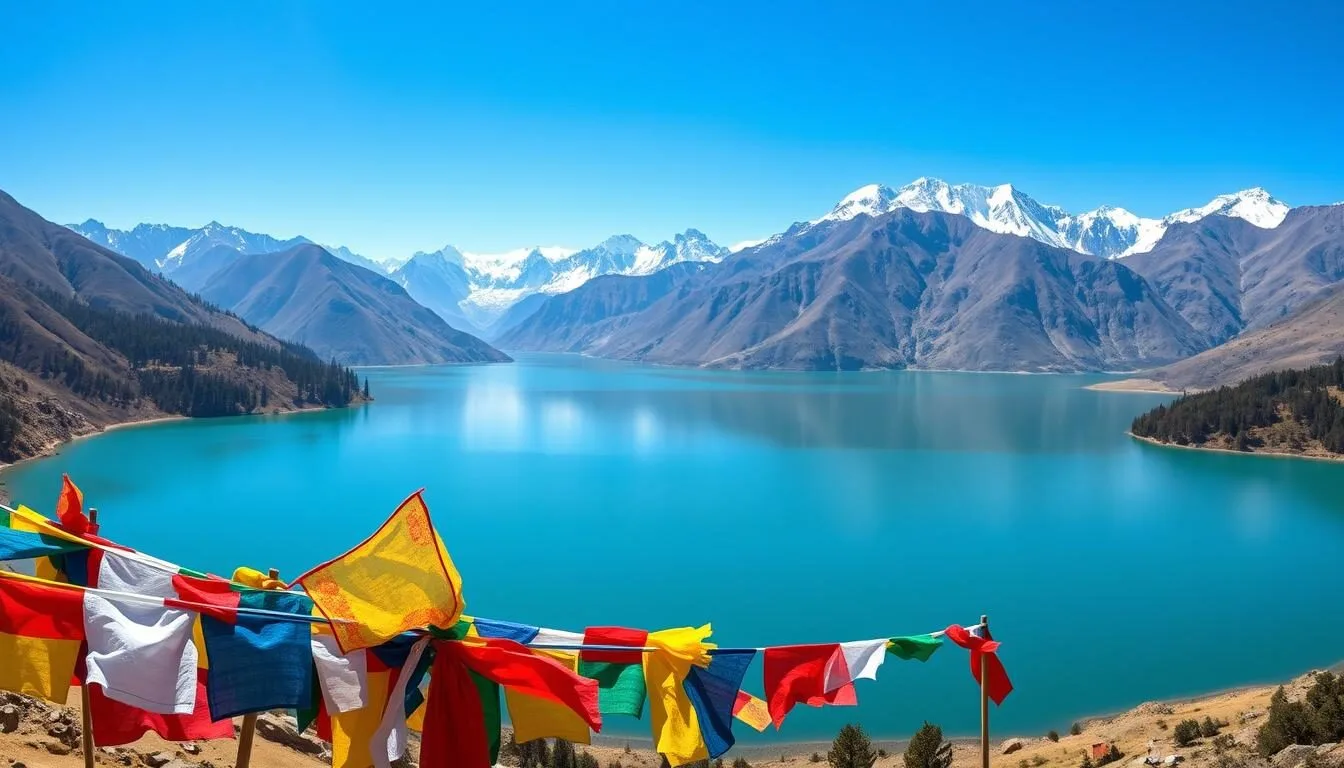 Panoramic view of Draphu Tsho lake in Bhutan with prayer flags and mountains in the background
