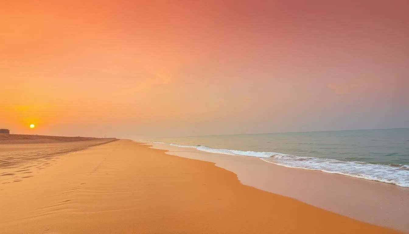 Panoramic view of Dukhan Beach at sunset with golden sands and the Arabian Gulf