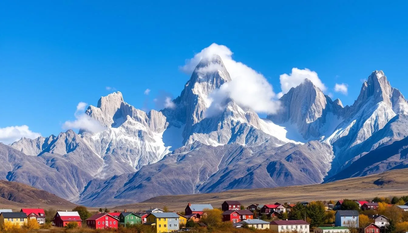 Panoramic view of El Chalten, Argentina with Mount Fitz Roy in the background on a clear day