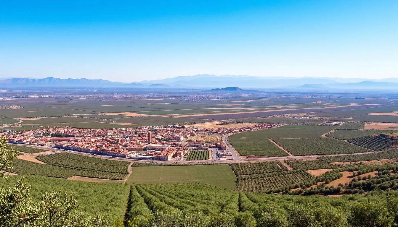 Panoramic view of El Kelaa des Sraghna with olive groves and mountains in the background, Morocco