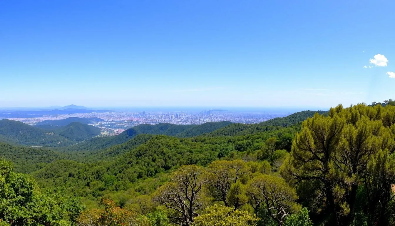 Panoramic view of El Tepeyac National Park with Mexico City skyline in the background