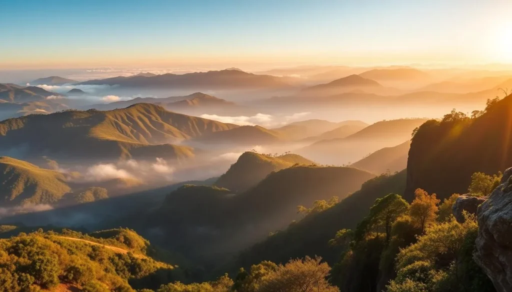 Panoramic view of Ella Gap from Little Adam's Peak during sunrise with golden light illuminating the valley