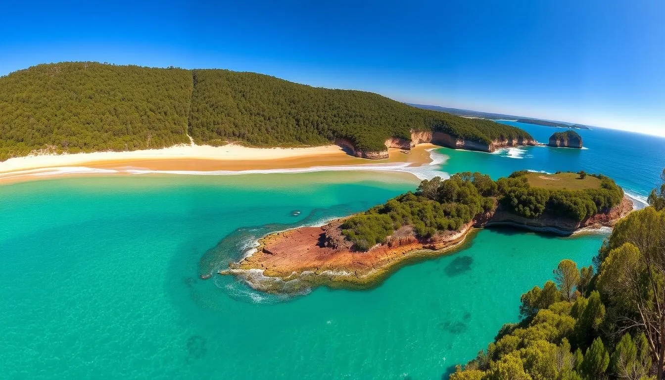 Panoramic view of Eurobodalla National Park coastline with pristine beaches and coastal forest