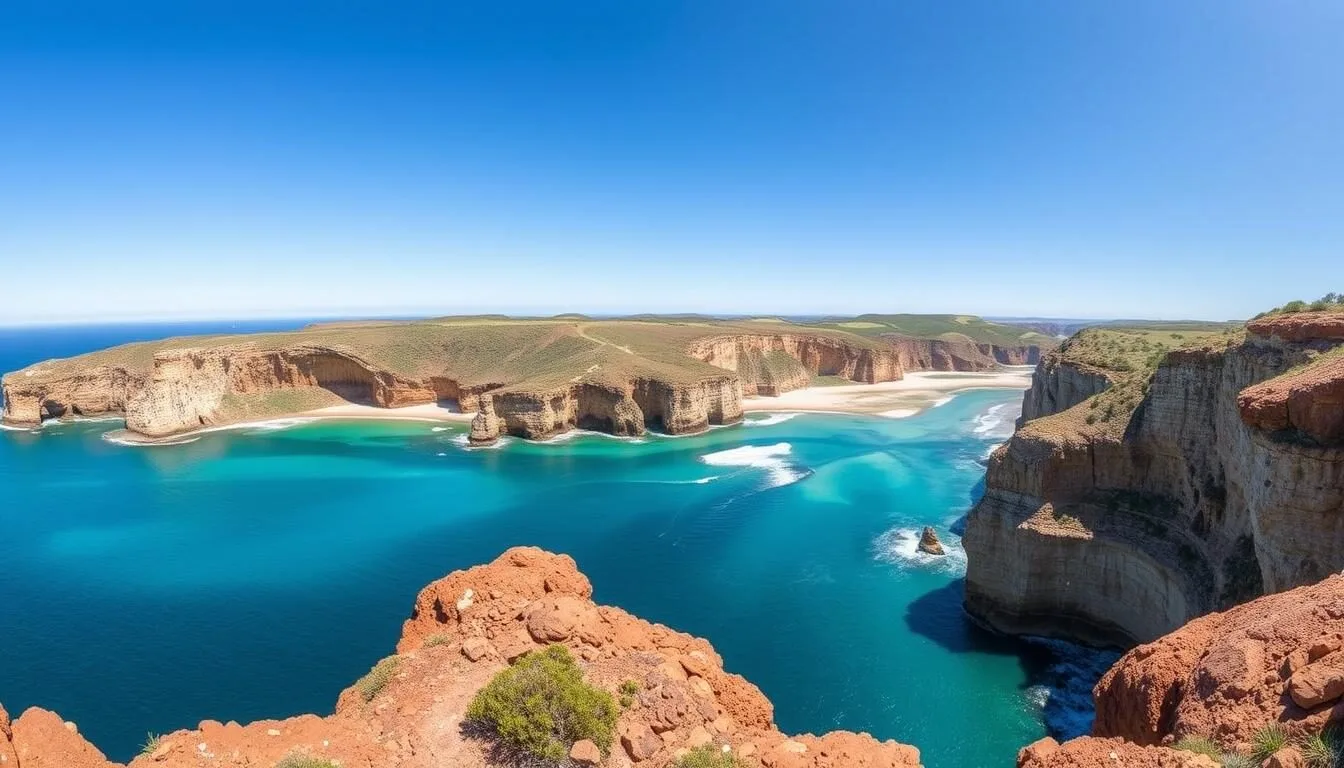Panoramic view of Fleurieu Peninsula coastline with vineyards meeting the ocean
