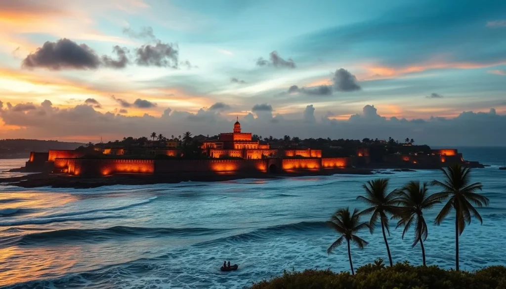 Panoramic view of Galle Fort at sunset with ocean and city lights