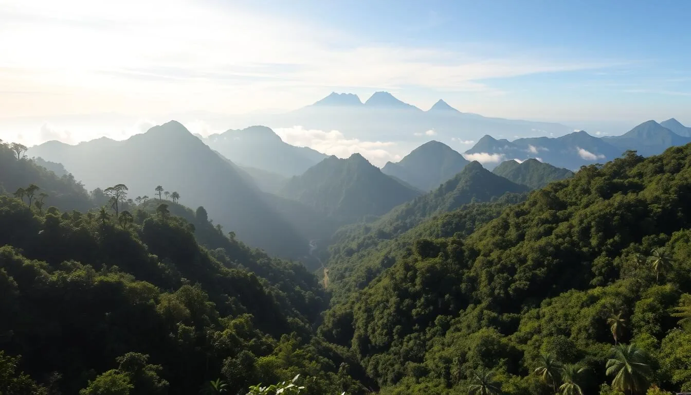 Panoramic view of Gandang Dewata National Park Indonesia showing mountain peaks and lush forests