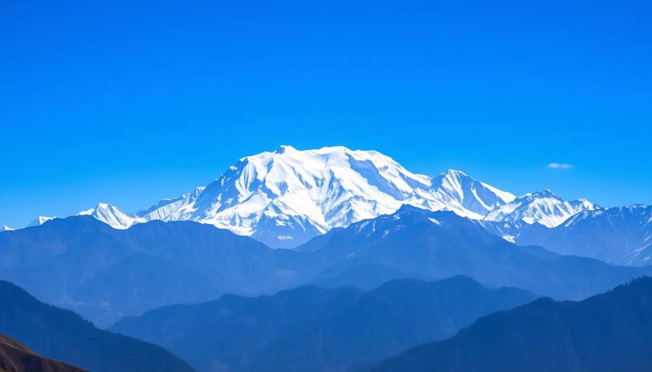Panoramic view of Gangkhar Puensum mountain in Bhutan with snow-capped peaks against blue sky