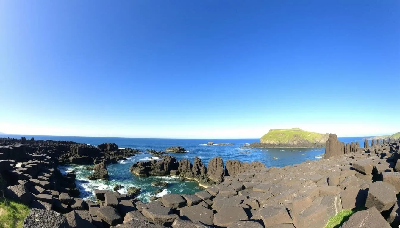 Panoramic-view-of-Giants-Causeway-in-Northern-Ireland-with-hexagonal-basalt-columns-stretching Panoramic view of Giant's Causeway in Northern Ireland with hexagonal basalt columns stretching into the sea on a clear sunny day