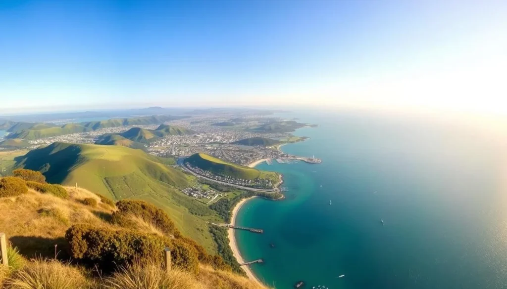 Panoramic view of Gisborne city and Poverty Bay from Kaiti Hill lookout