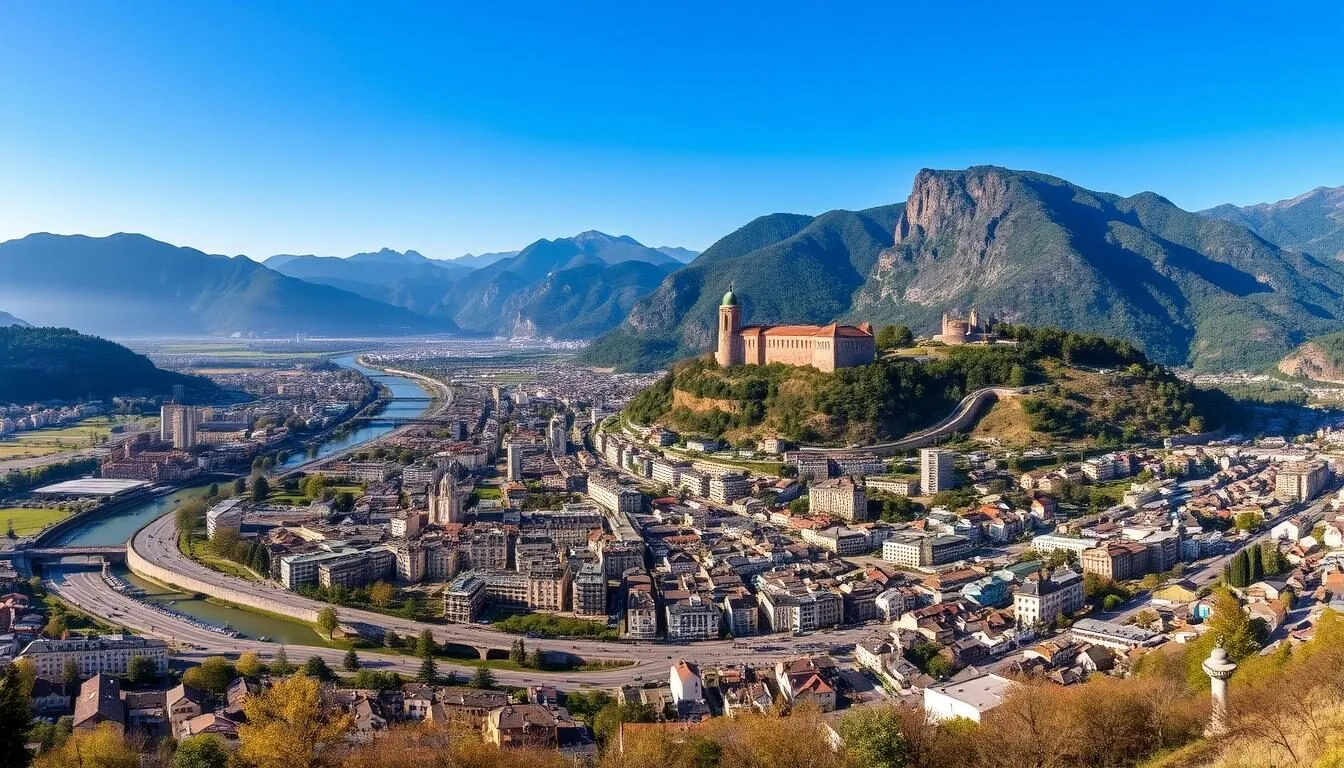 Panoramic-view-of-Grenoble-city-surrounded-by-three-mountain-ranges-on-a-clear-summer-day Panoramic view of Grenoble city surrounded by three mountain ranges on a clear summer day