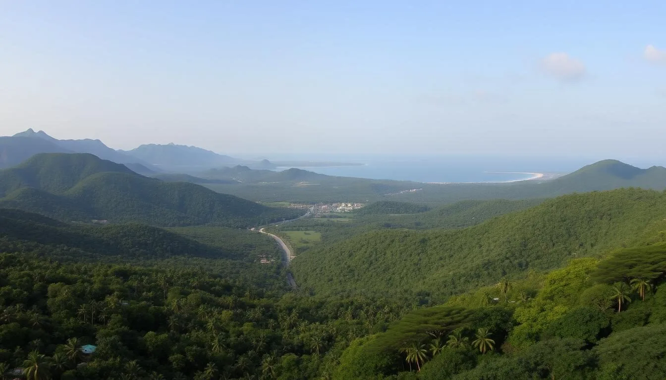 Panoramic view of Guantanamo province showing mountains, forests and coastline in Cuba