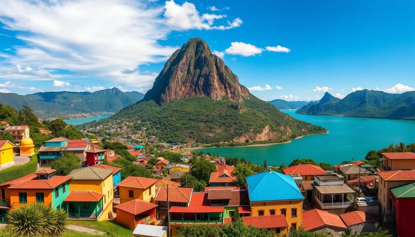 Panoramic view of Guatape Colombia with colorful buildings and El Peñol Rock in the background