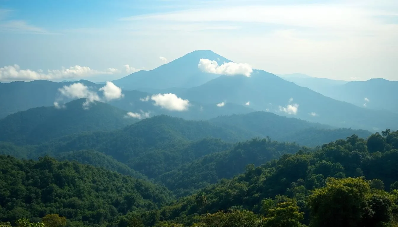 Panoramic-view-of-Hakgala-Mountain-with-misty-peaks-and-lush-forests-in-Sri-Lankas-central Panoramic view of Hakgala Mountain with misty peaks and lush forests in Sri Lanka's central highlands