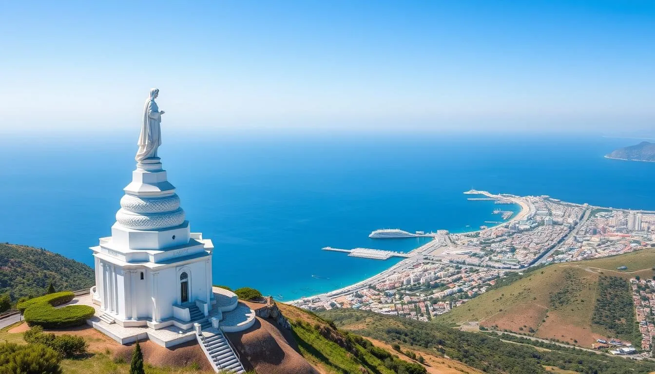 Panoramic view of Harissa showing the Our Lady of Lebanon statue overlooking Jounieh Bay