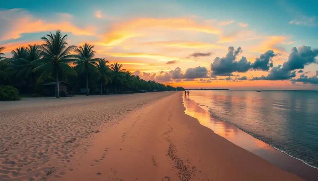 Panoramic view of Hopkins Village Beach at sunset with palm trees and calm waters