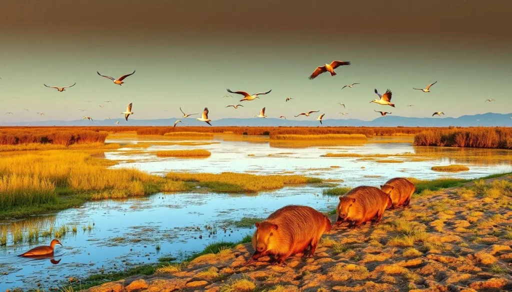 Panoramic view of Ibera wetlands at golden hour with diverse wildlife visible