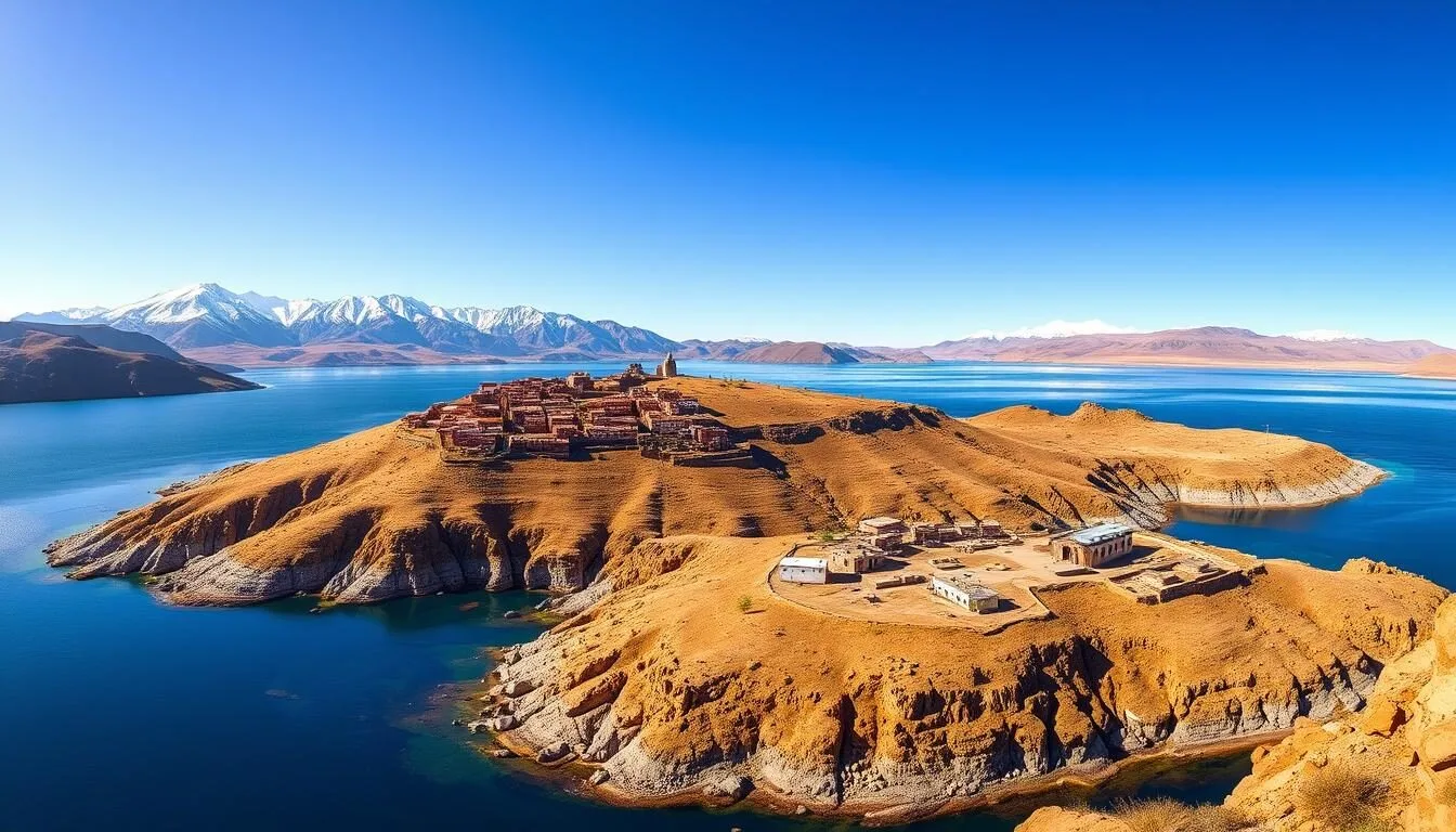Panoramic view of Isla del Sol with Lake Titicaca and snow-capped mountains in the background