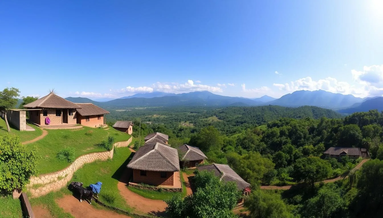 Panoramic view of Ivato Madagascar with traditional buildings and lush green landscape