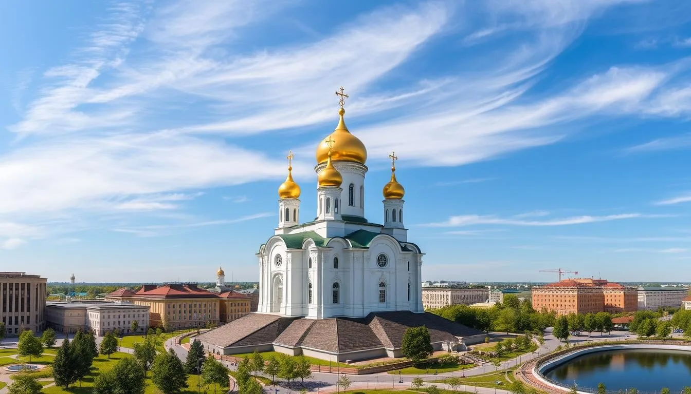 Panoramic view of Izhevsk city center with the iconic St. Michael's Cathedral and the Izhevsk pond