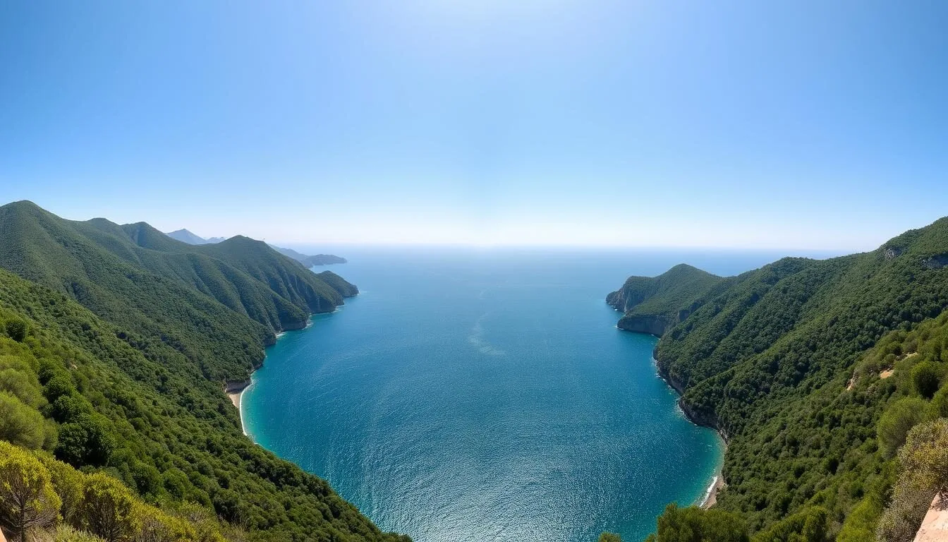 Panoramic view of Jebel Chitana-Cap Negro National Park showing the forested mountains meeting the Mediterranean Sea