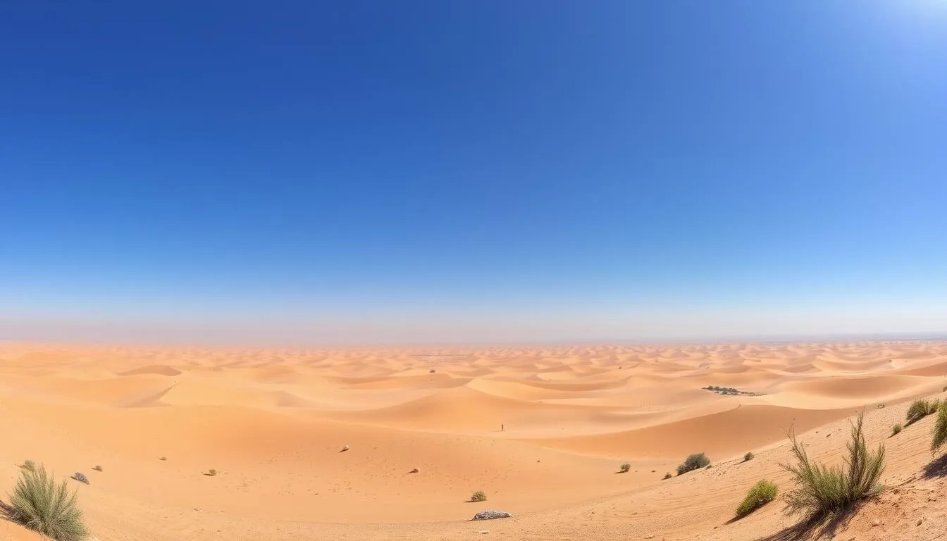 Panoramic view of Jebil National Park's vast desert landscape with golden sand dunes stretching to the horizon under a clear blue sky