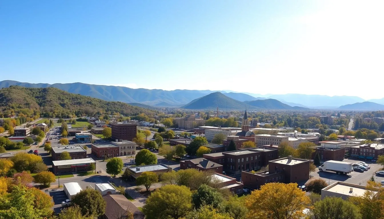 Panoramic-view-of-Johnson-City-Tennessee-with-the-Appalachian-Mountains-in-the-background Panoramic view of Johnson City, Tennessee with the Appalachian Mountains in the background