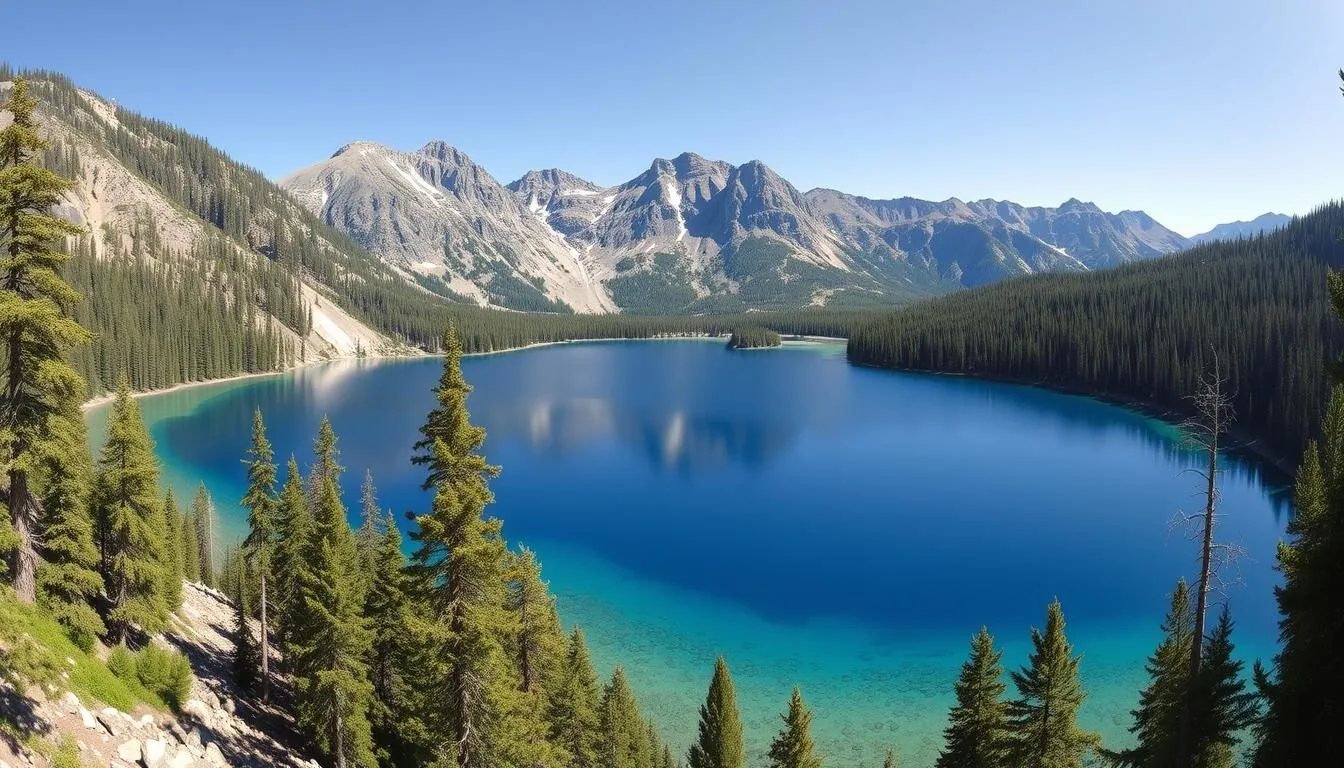 Panoramic view of June Lake with mountains in background during summer, showing crystal clear water and surrounding pine forests