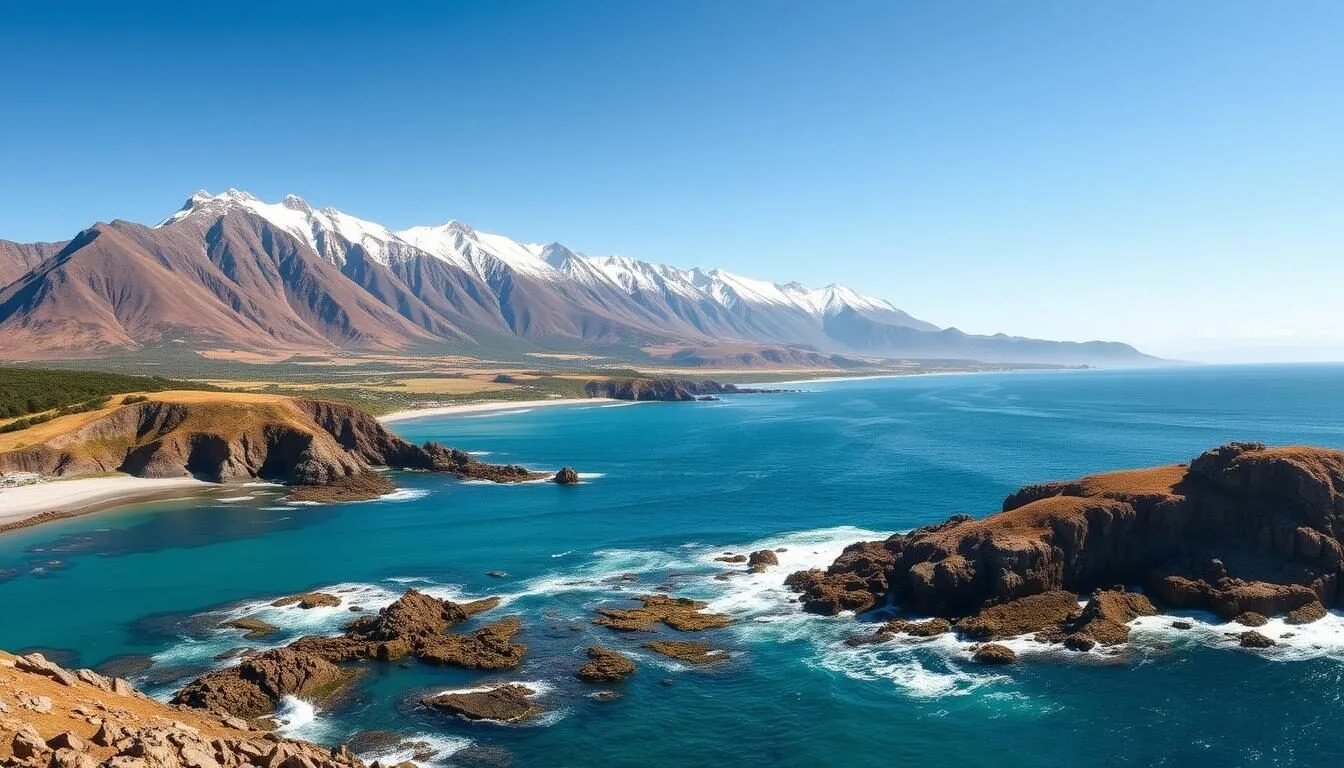 Panoramic view of Kaikoura coastline with mountains in the background and Pacific Ocean in the foreground