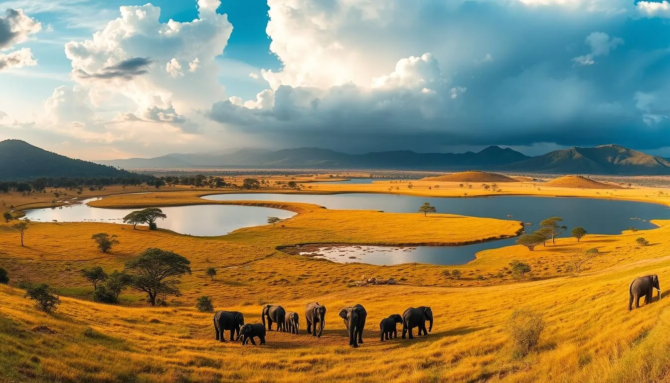 Panoramic view of Kaudulla National Park with elephants gathering near the reservoir in Sri Lanka