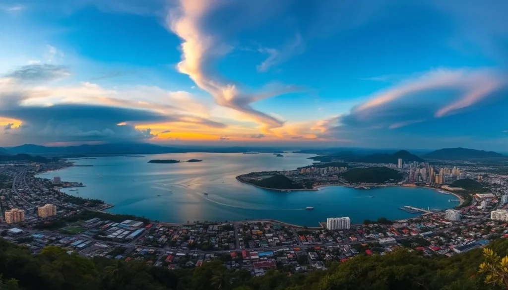 Panoramic view of Kendari city and bay at sunset with mountains in background - Kendari, Indonesia: Best Things to Do