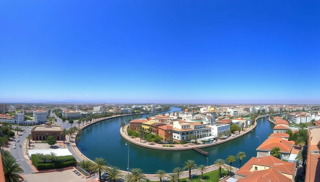 Panoramic view of Kenitra city with the Sebou River and modern buildings on a sunny day