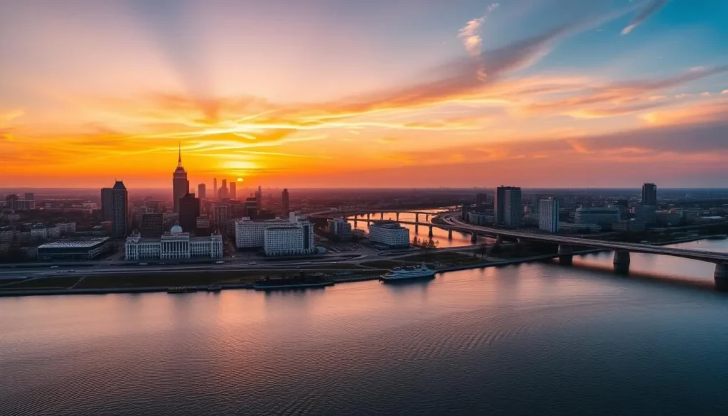 Panoramic view of Khabarovsk skyline at sunset with the Amur River Panoramic view of Khabarovsk skyline at sunset with the Amur River