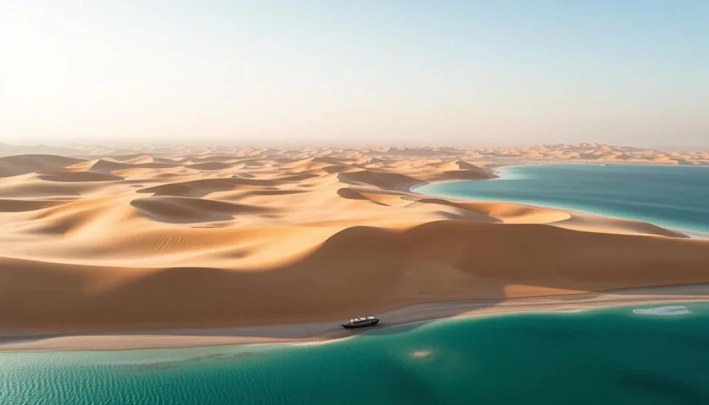 Panoramic view of Khawr al Udayd showing the contrast between desert and sea
