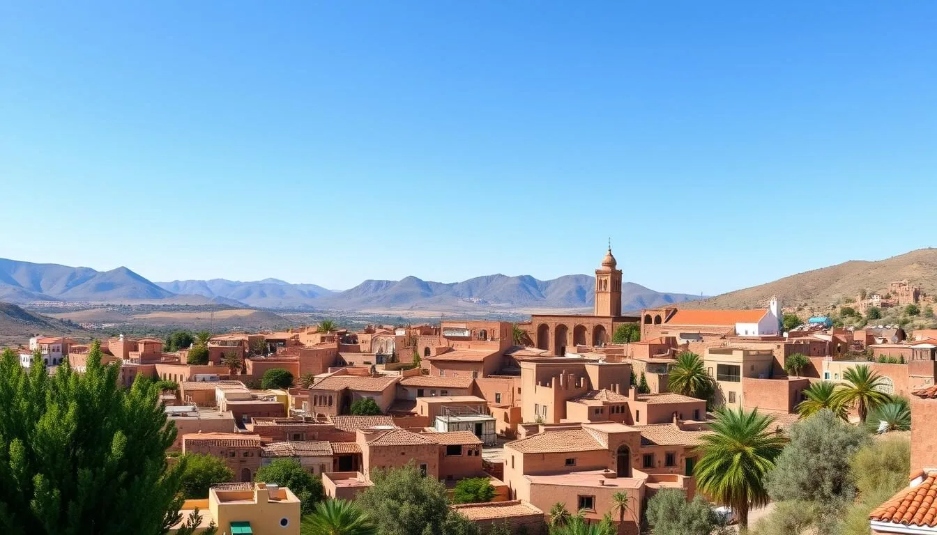 Panoramic view of Khemisset town with its distinctive architecture and surrounding landscapes on a sunny day