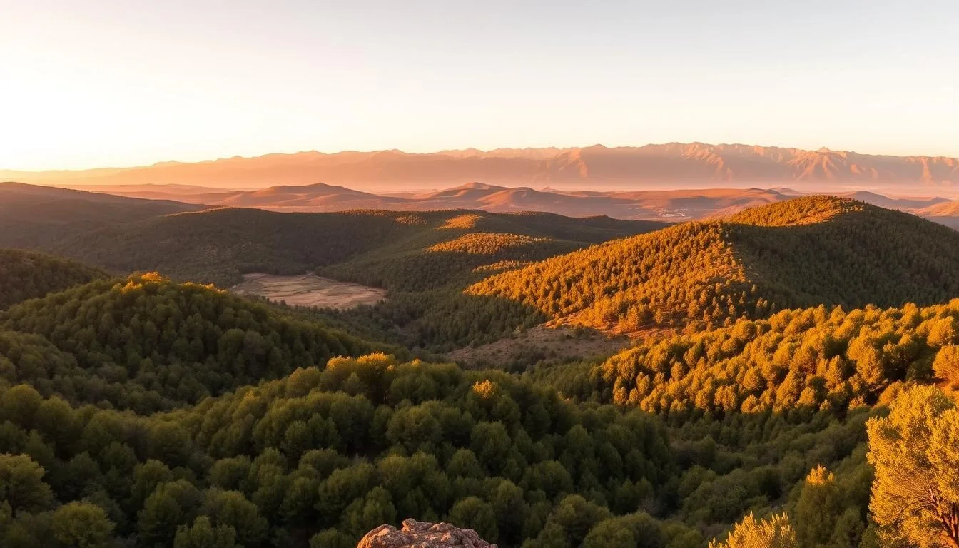 Panoramic-view-of-Khenifra-National-Park-showing-cedar-forests-and-mountains-in-the-Middle Panoramic view of Khenifra National Park showing cedar forests and mountains in the Middle Atlas region of Morocco