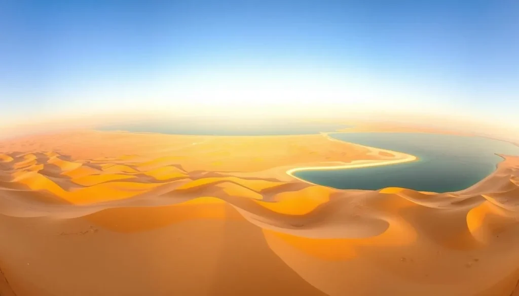 Panoramic view of Khor Al Udaid at golden hour showing the full beauty of desert meeting sea