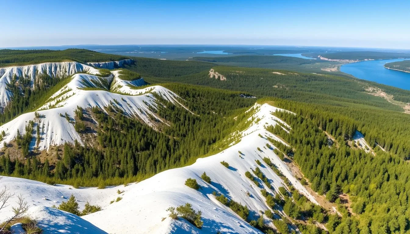 Panoramic-view-of-Khvalynsky-National-Park-showing-chalk-hills-and-forests-along-the-Volga Panoramic view of Khvalynsky National Park showing chalk hills and forests along the Volga River
