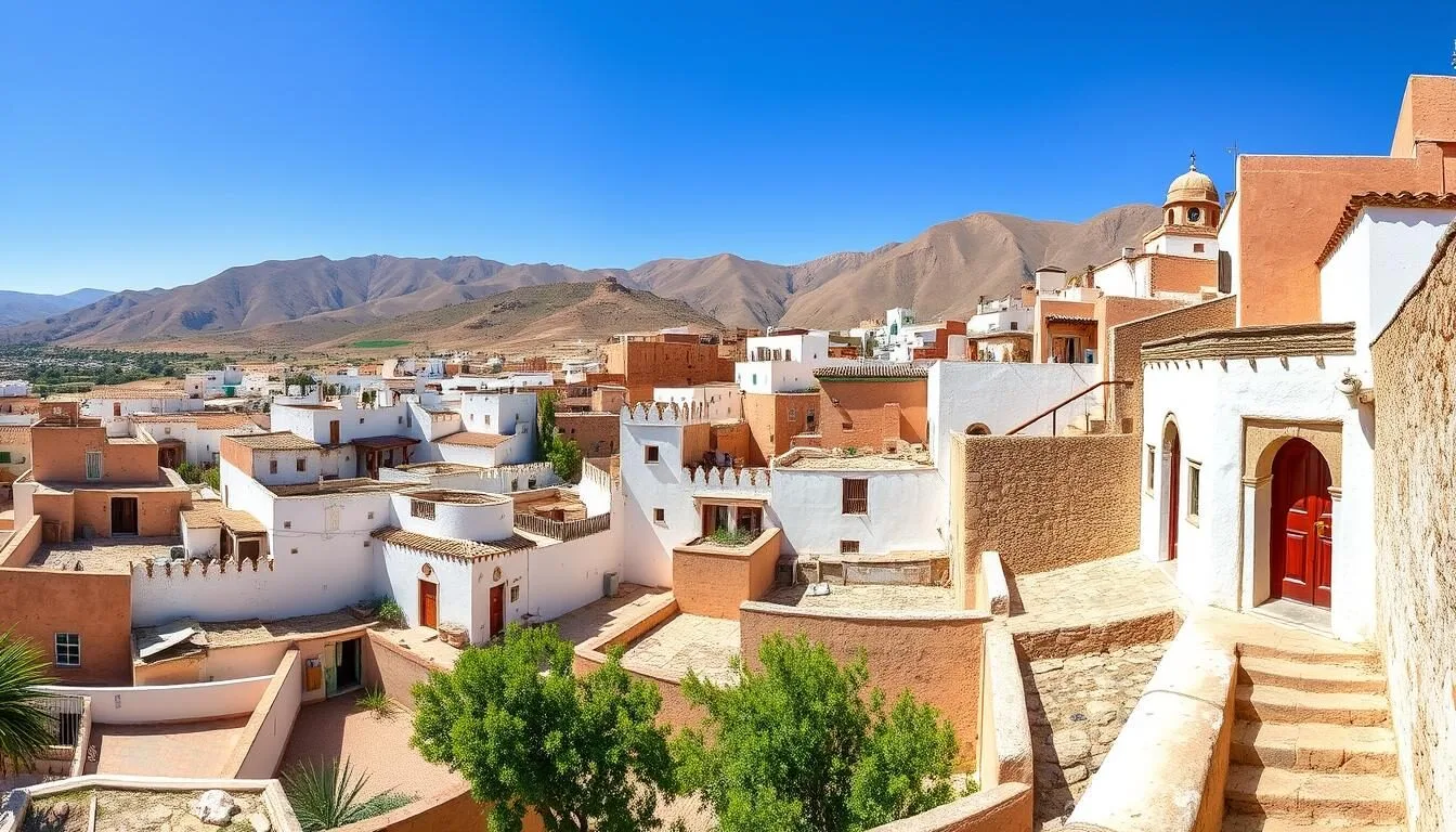 Panoramic view of Ksar El Kebir with traditional buildings and mountains in the background