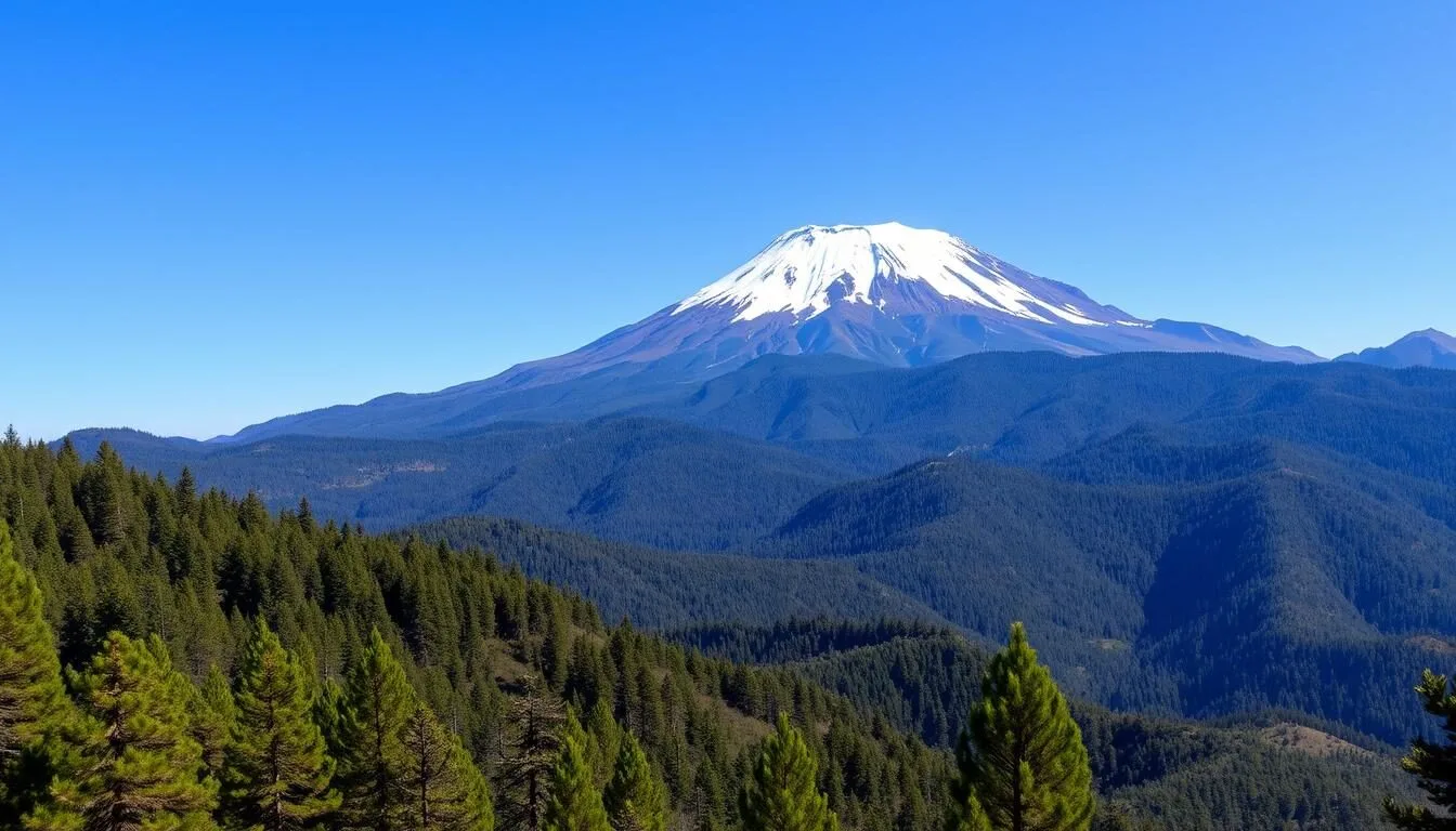 Panoramic-view-of-La-Malinche-volcano-with-its-forested-slopes-and-snow-capped-summit-against-a Panoramic view of La Malinche volcano with its forested slopes and snow-capped summit against a clear blue sky