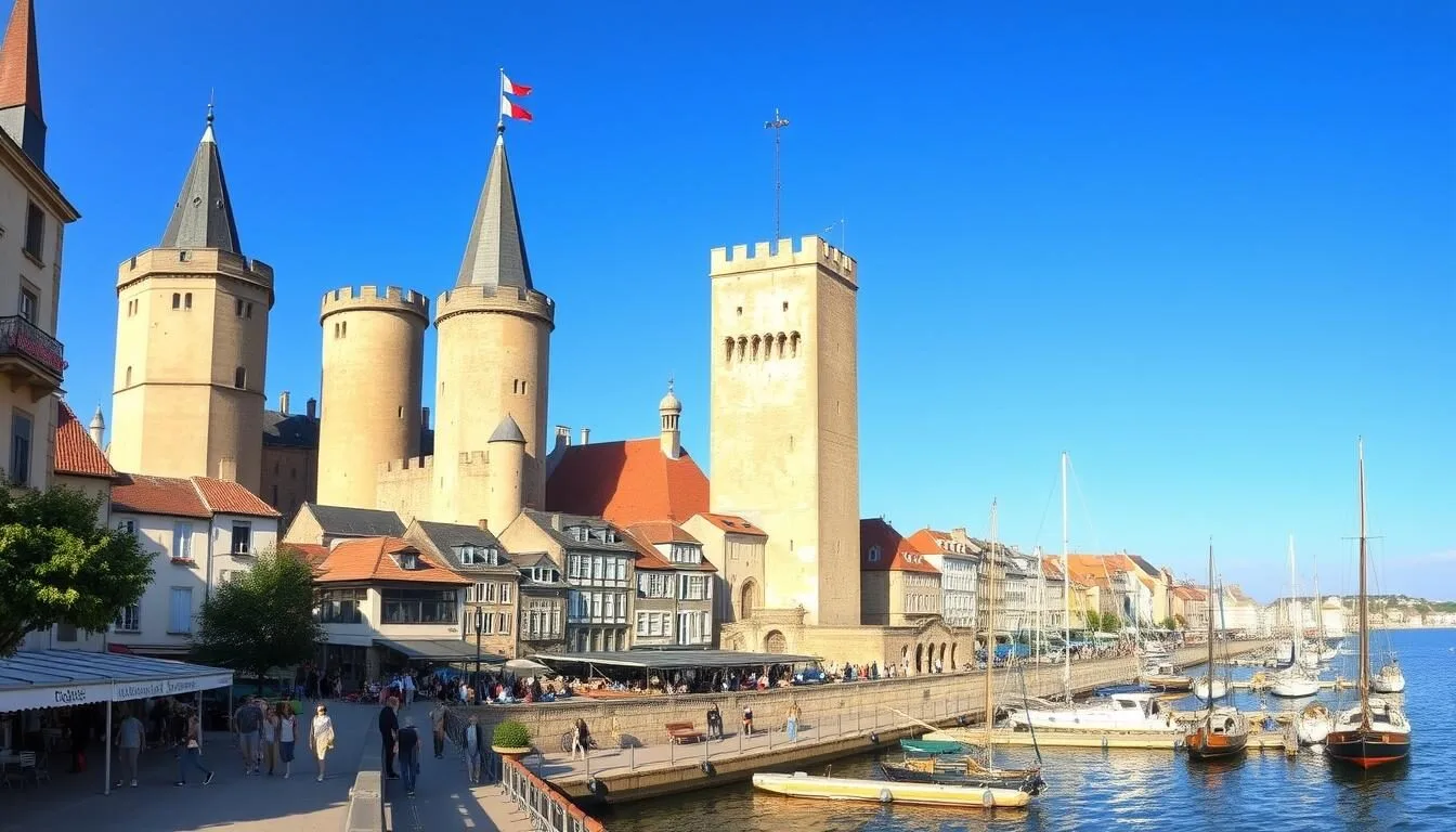 Panoramic view of La Rochelle's Old Port with its iconic towers on a sunny day, the best time to visit La Rochelle France