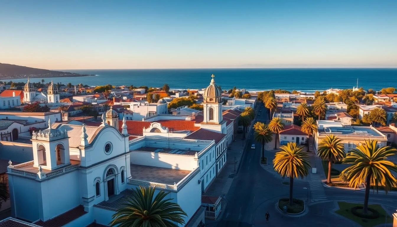 Panoramic view of La Serena, Chile with colonial architecture and the Pacific Ocean in the background