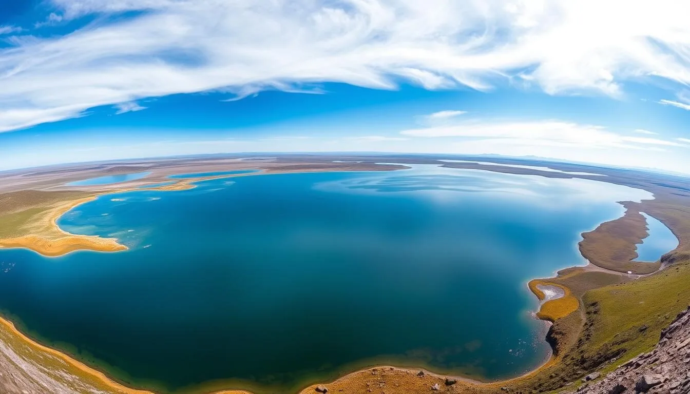 Panoramic-view-of-Lake-Bolshe-Karskoye-in-summer-with-its-vast-oval-shape-surrounded-by-tundra- Panoramic view of Lake Bolshe-Karskoye in summer with its vast oval shape surrounded by tundra landscape