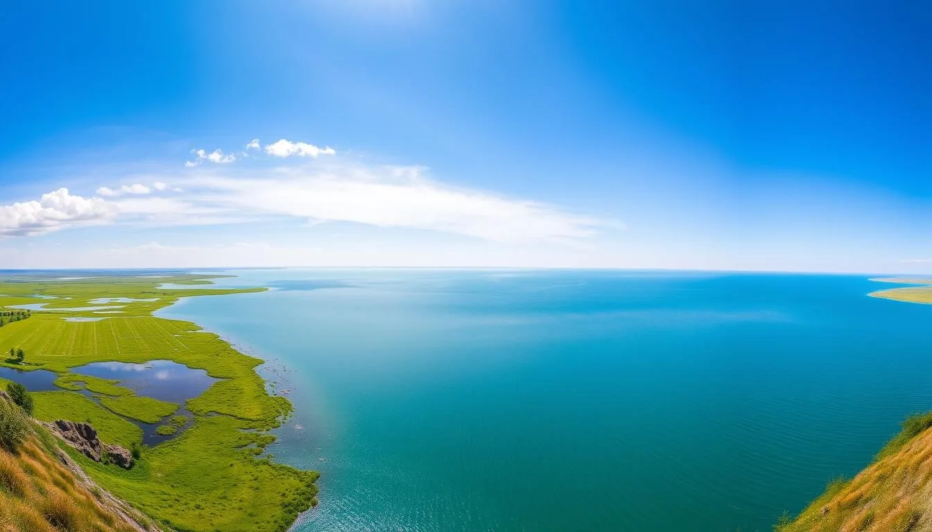 Panoramic-view-of-Lake-Dzhankho-in-Russia-showing-its-vast-waters-and-surrounding-wetlands-on-a Panoramic view of Lake Dzhankho in Russia showing its vast waters and surrounding wetlands on a clear sunny day