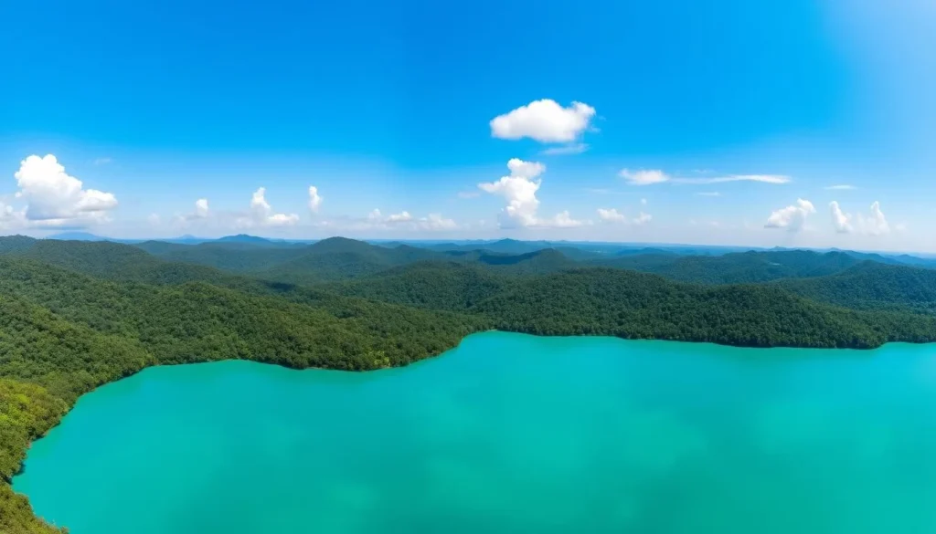 Panoramic view of Lake Kaco surrounded by Sumatran rainforest