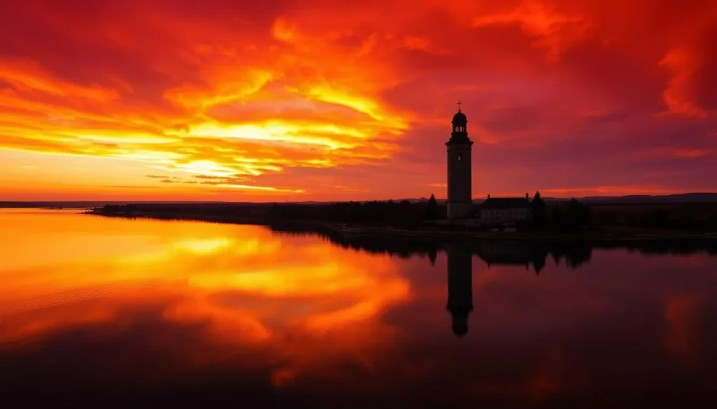 Panoramic view of Lake Kalyazin at sunset with the bell tower silhouette