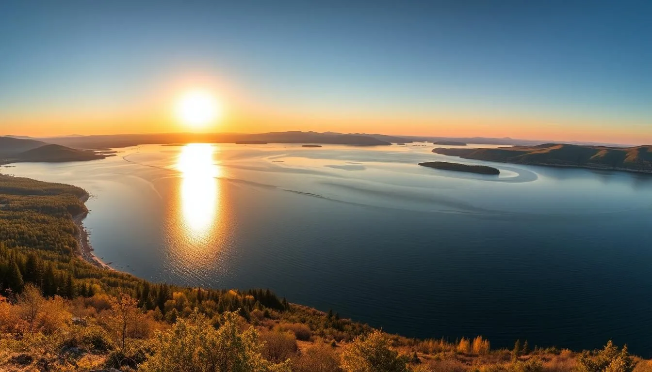 Panoramic view of Lake Kamskoe at sunset with the confluence of Volga and Kama rivers visible