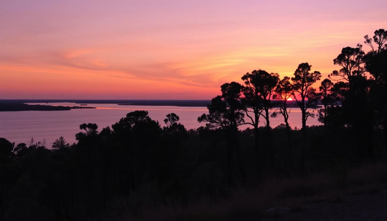 Panoramic view of Lake Kissimmee State Park showing the lake at sunset with cypress trees silhouetted against the colorful sky